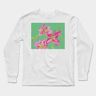 Pink Lily Flower Watercolor Painting Pattern - on Apple Green Long Sleeve T-Shirt